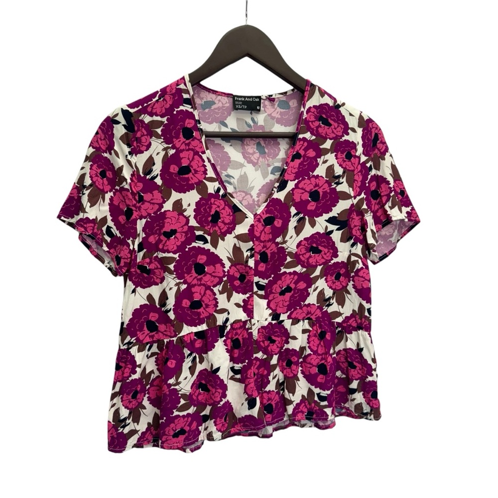 Frank & Oak Pink Floral V-Neck Peplum Top Size XS